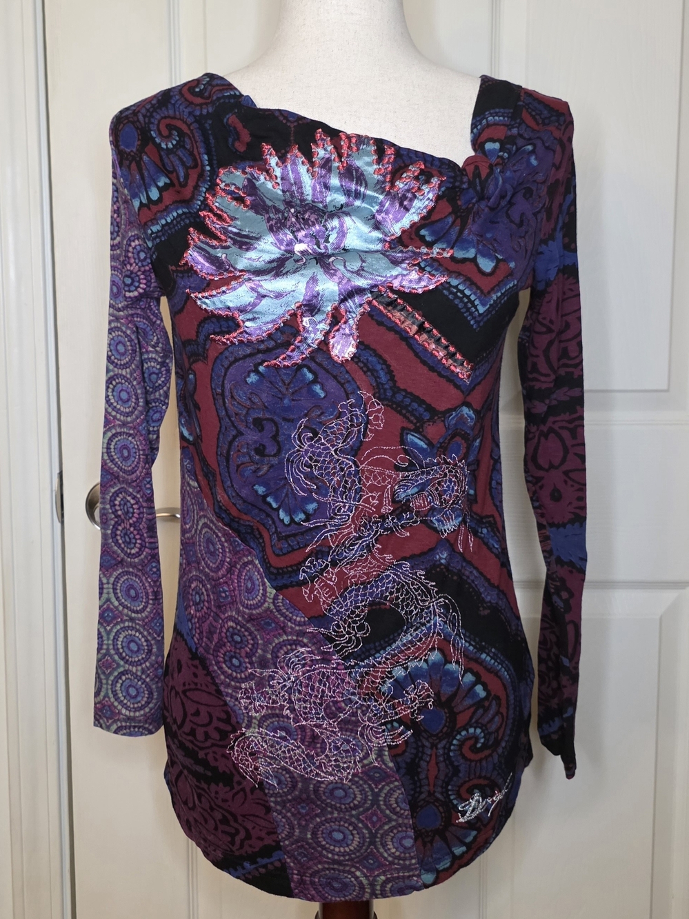 Desigual Black Multicolor Embroidered Japanese Dragon Long Sleeve Top